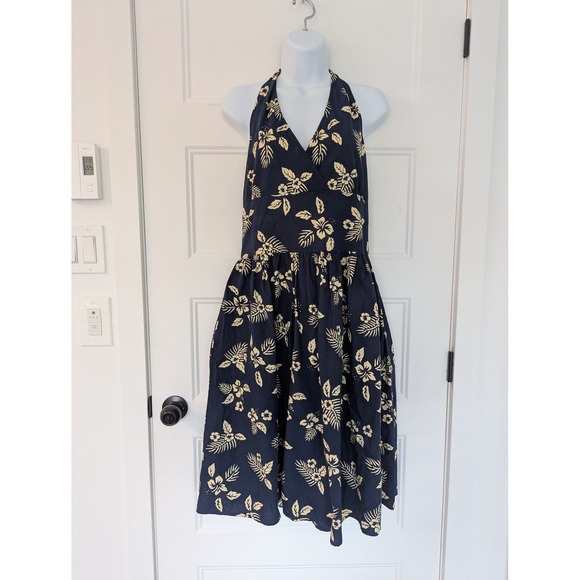 Dresses & Skirts - Navy Blue Tropical Hibiscus Floral Cotton Halter Midi Dress Large